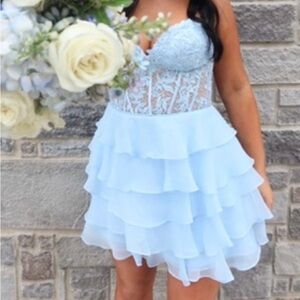 Sherri Hill Blue Ruffled Tiered Babydoll Dress